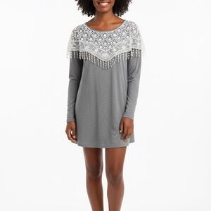 Lulus Gray Long Sleeve Shift Dress with Lace Yoke & Fringe Detail XL